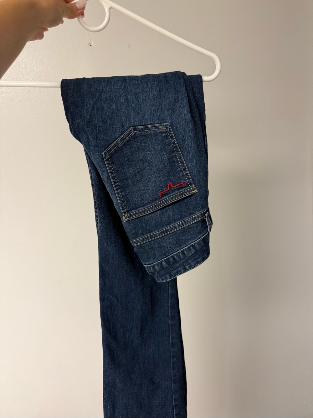 Kimes Ranch Woman’s Bootcut Dark Blue Jeans with Red Pocket Stitch